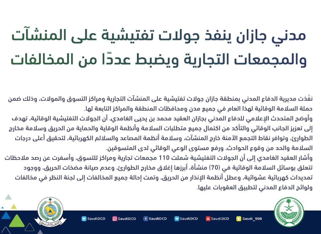 مدني جازان ينفذ جولات تفتيش على المنشآت والمجمعات التجارية ويضبط عددًا من المخالفات