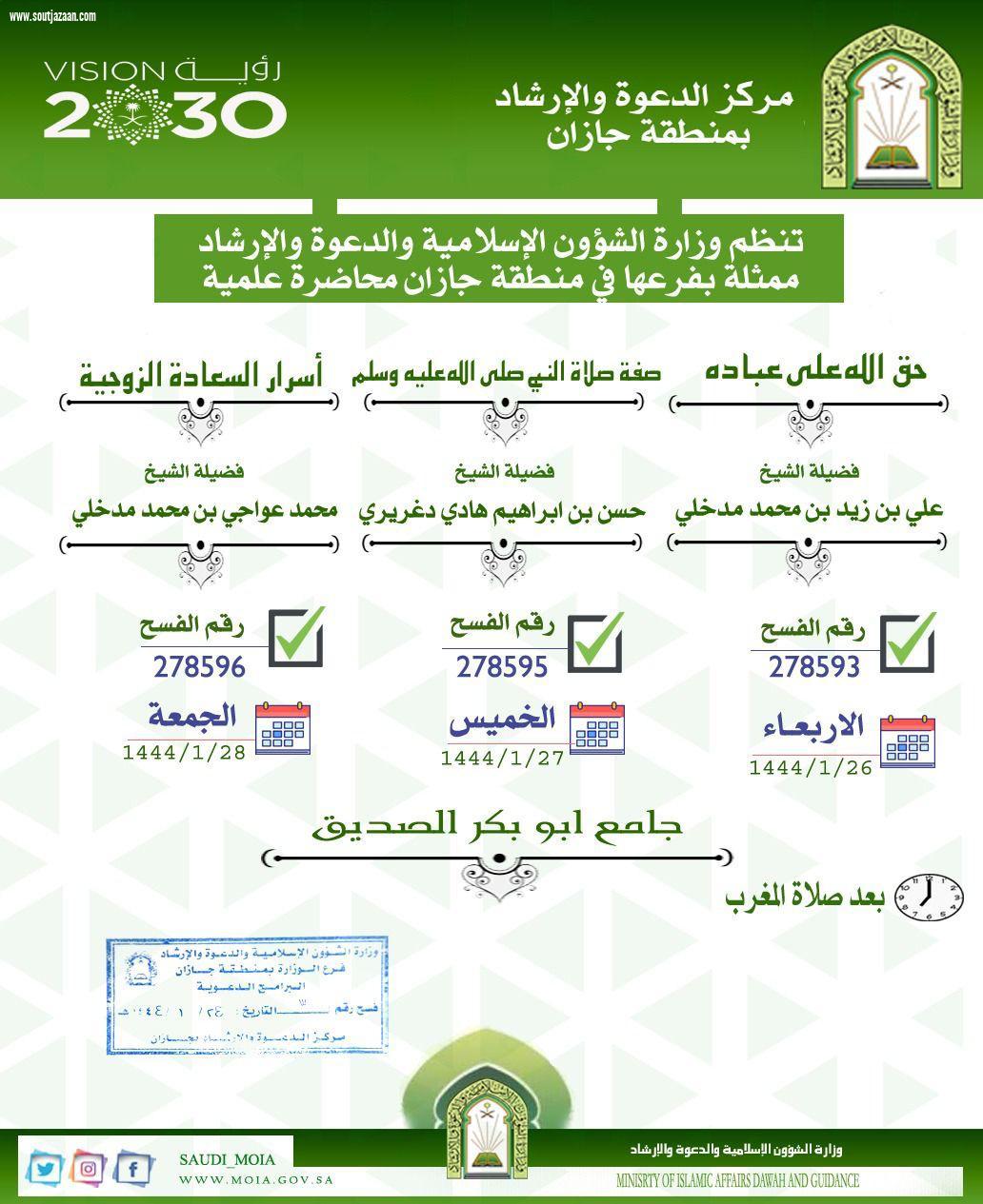 الشؤون الإسلامية في جازان تطلق عدداً من المحاضرات الدعوية 